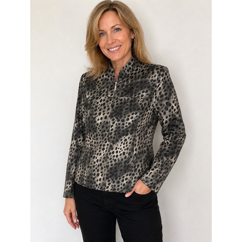 EVAN-PICONE Leopard Print Zip Front Jacket Womens 12 Grey Stretch Mock Neck Chic